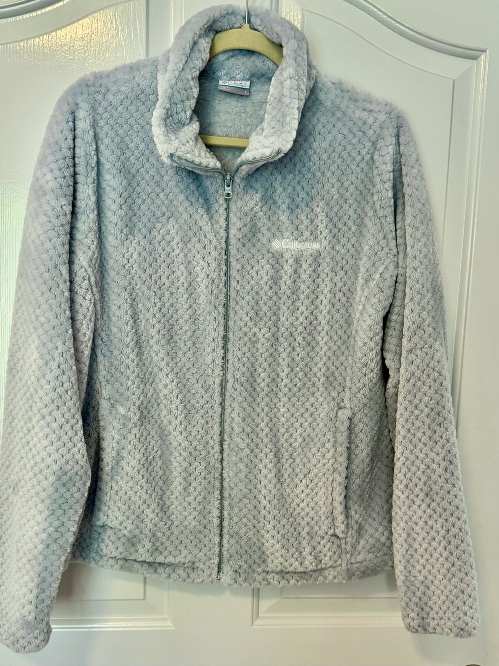 Columbia Jacket: light blue-grey. Plush Full-Zip. Large. Cozy!